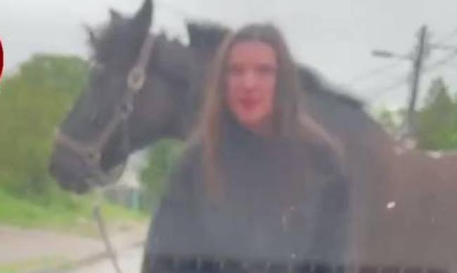 Что за дичь вообще?. Появилось видео, как в Киеве женщина гуляла по проезжей части с лошадью на цепи  фото